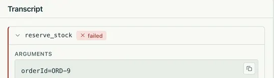 The console's run detail for a seeded run: the reserve_stock call marked failed, with its argument orderId=ORD-9.