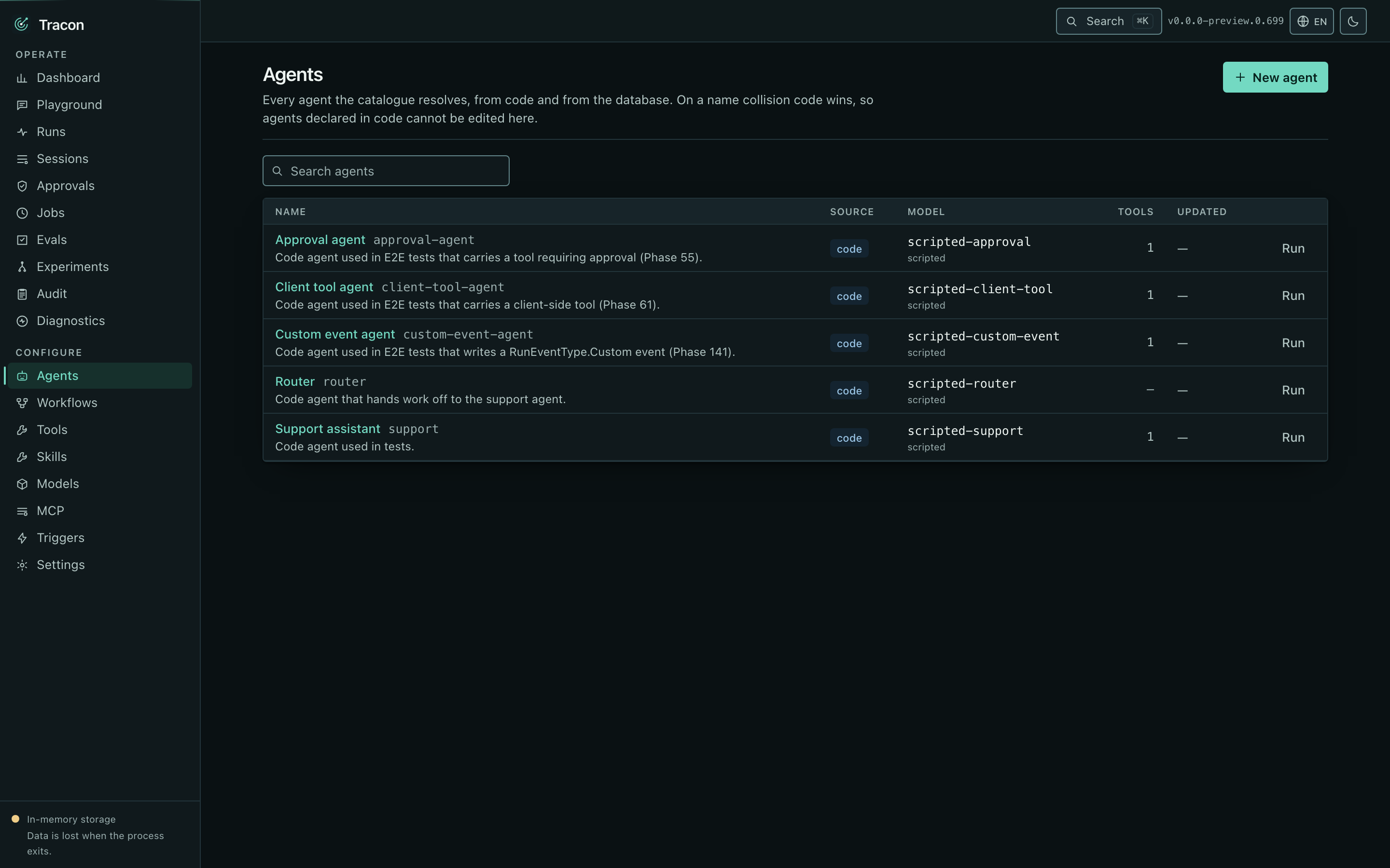 The agent list, showing code-defined and database-defined agents