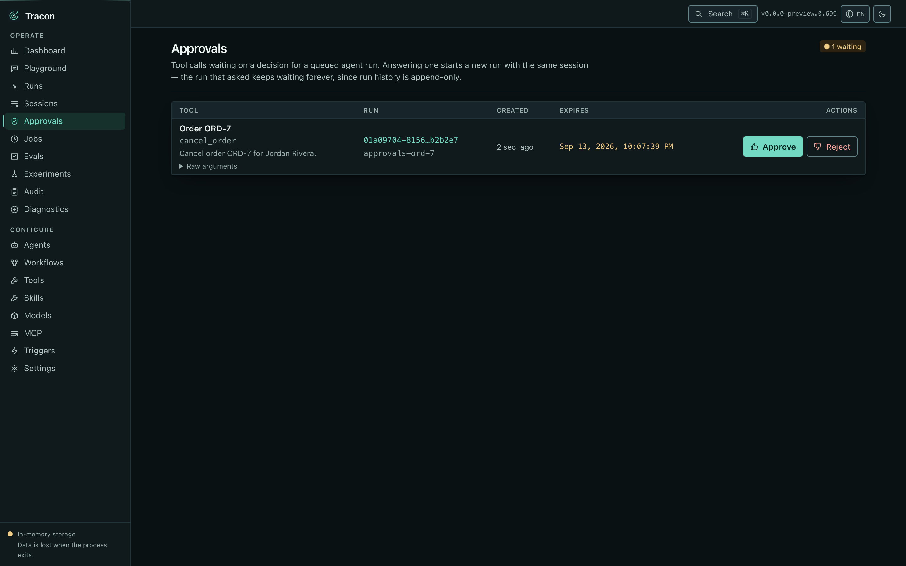 Pending tool approvals awaiting a decision