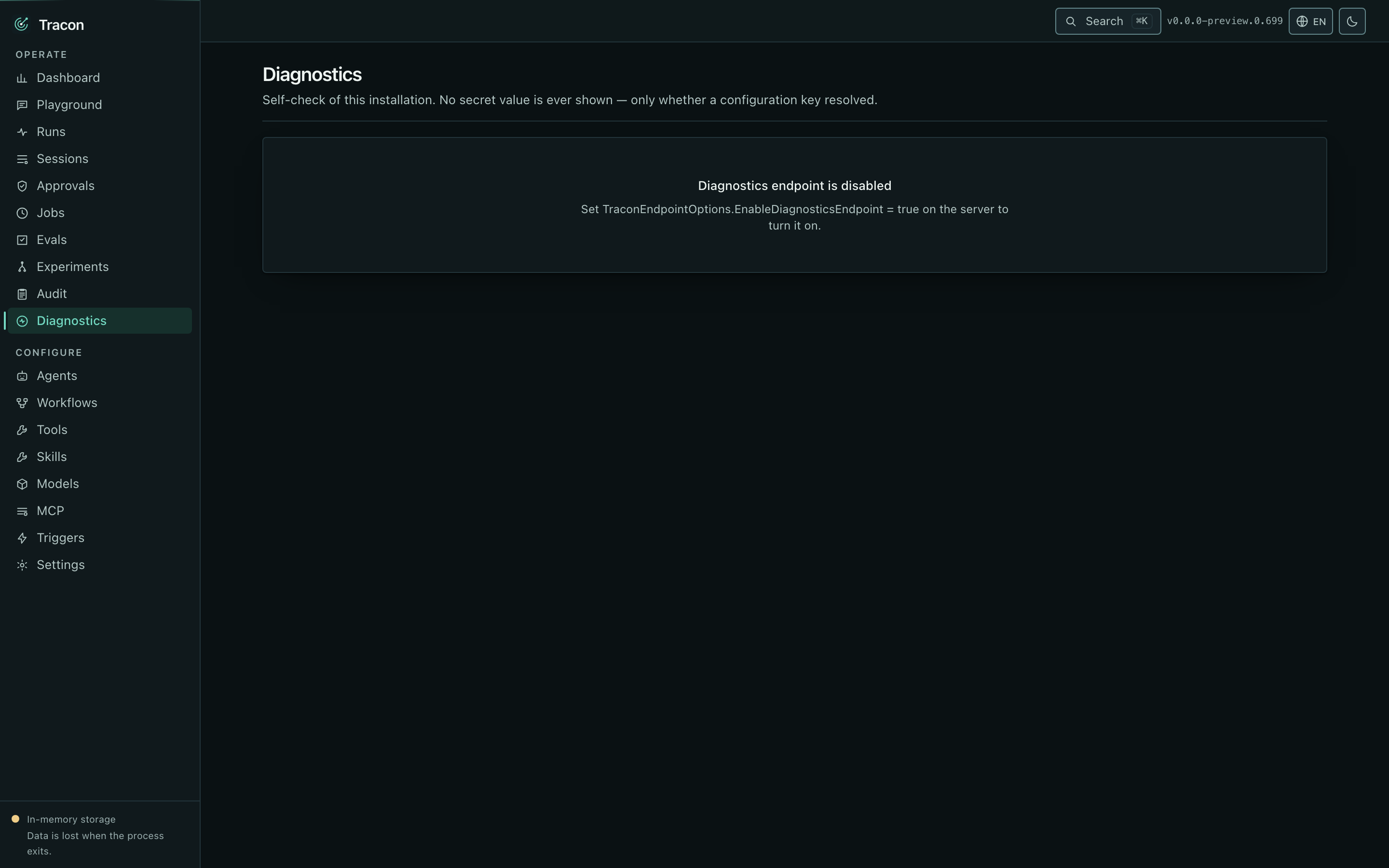 The diagnostics screen showing storage, migrations, and configuration
