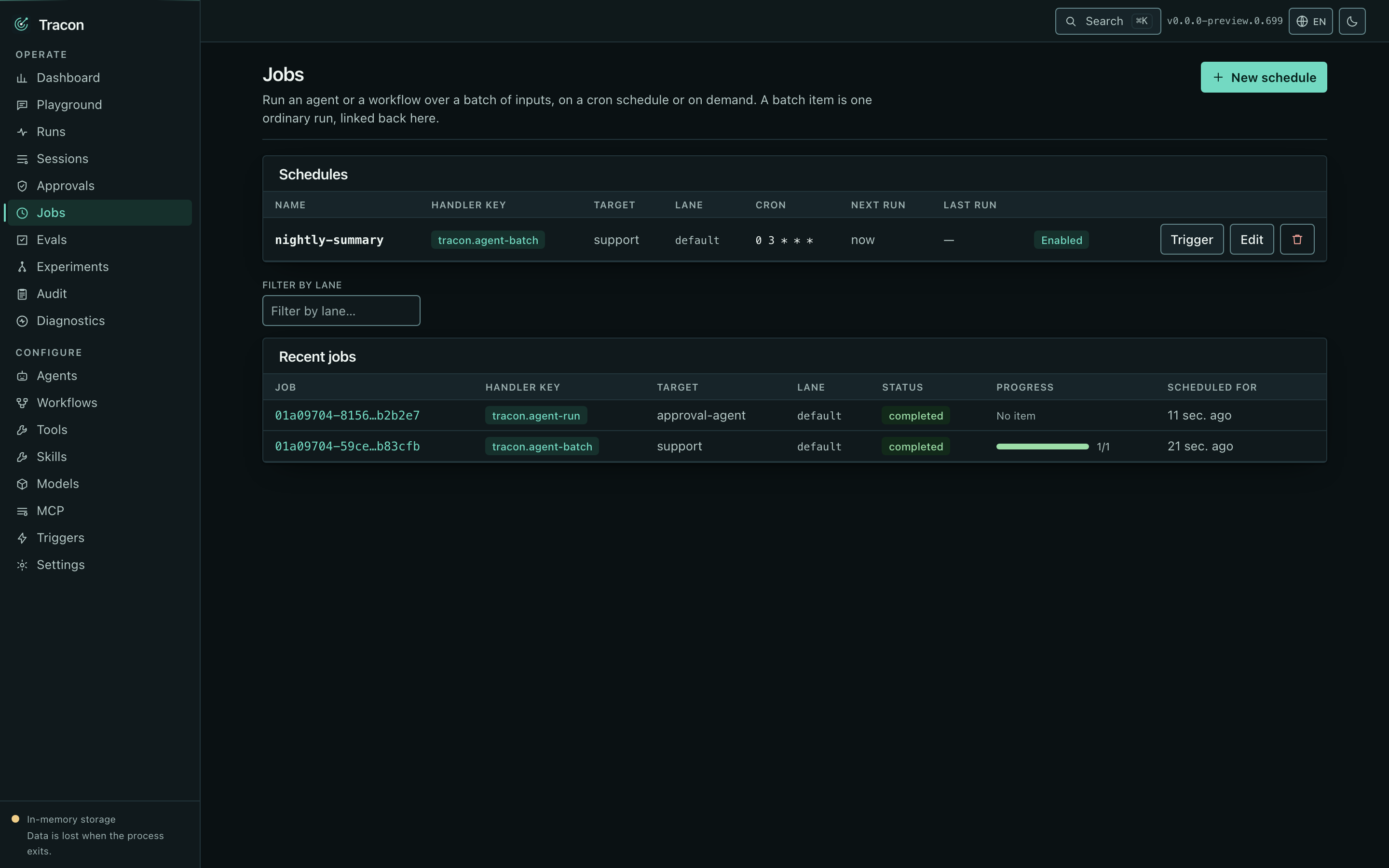 The job queue with handler key, status, attempt count, and next run time