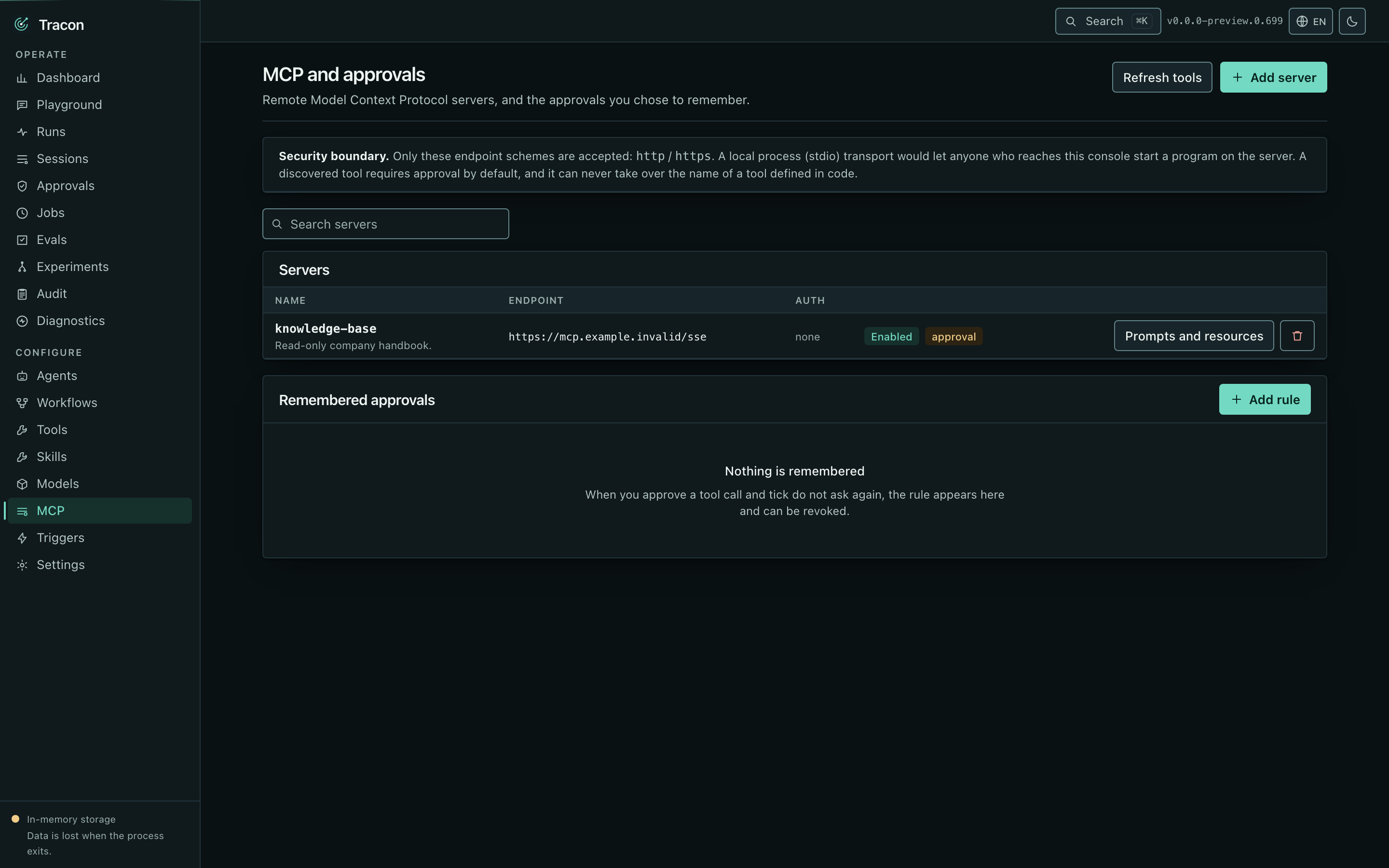 Registered MCP servers and the tools discovered from them
