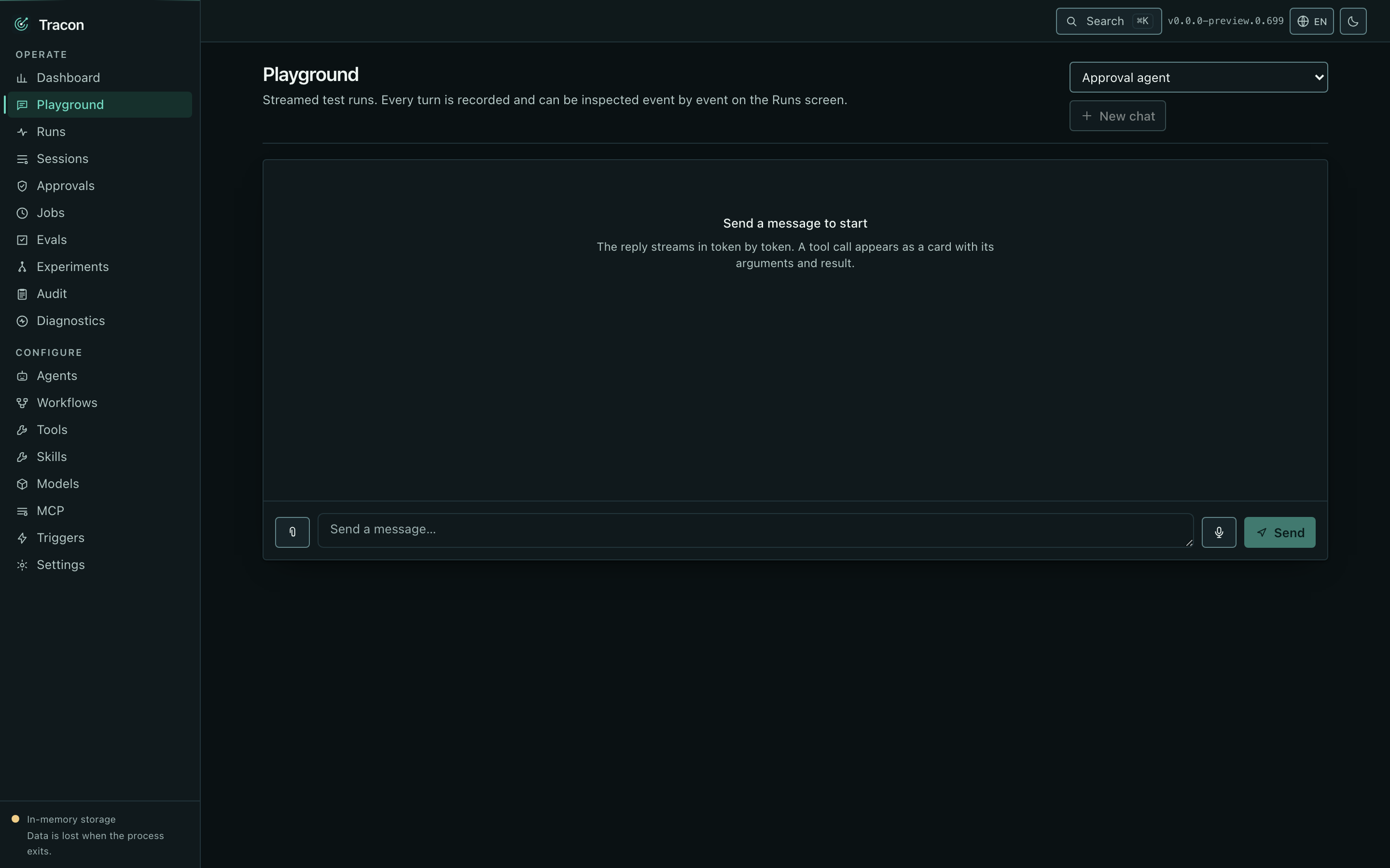 The playground, with a streaming reply and tool calls rendered as cards