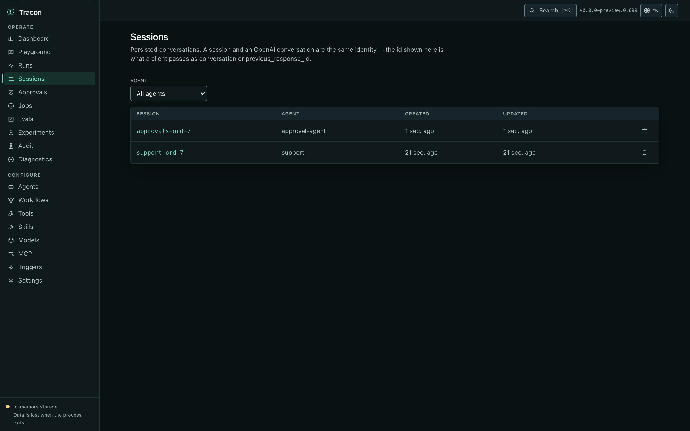 The session list with message counts and last activity