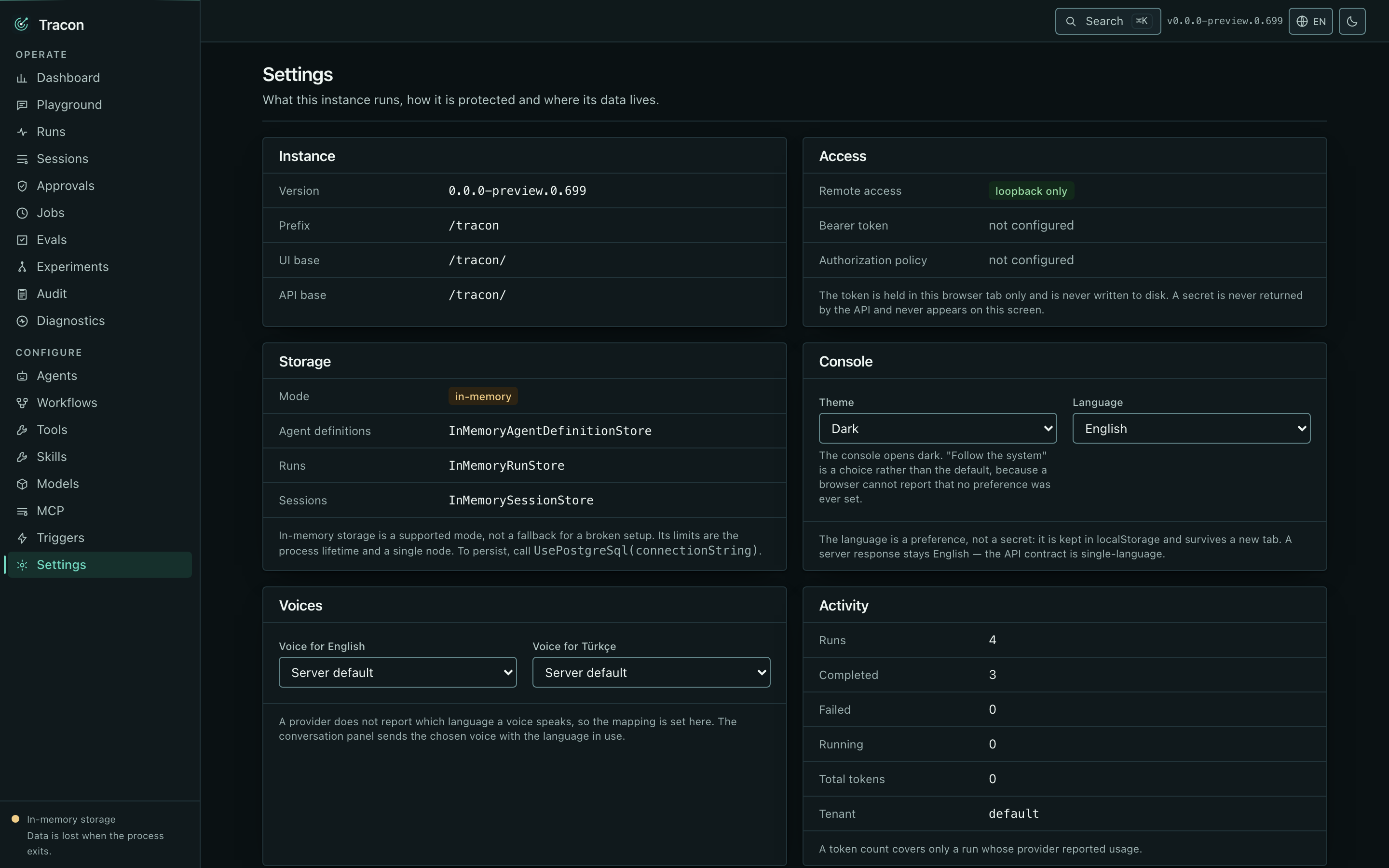 Settings: version, prefix, authentication method, active stores, theme, language