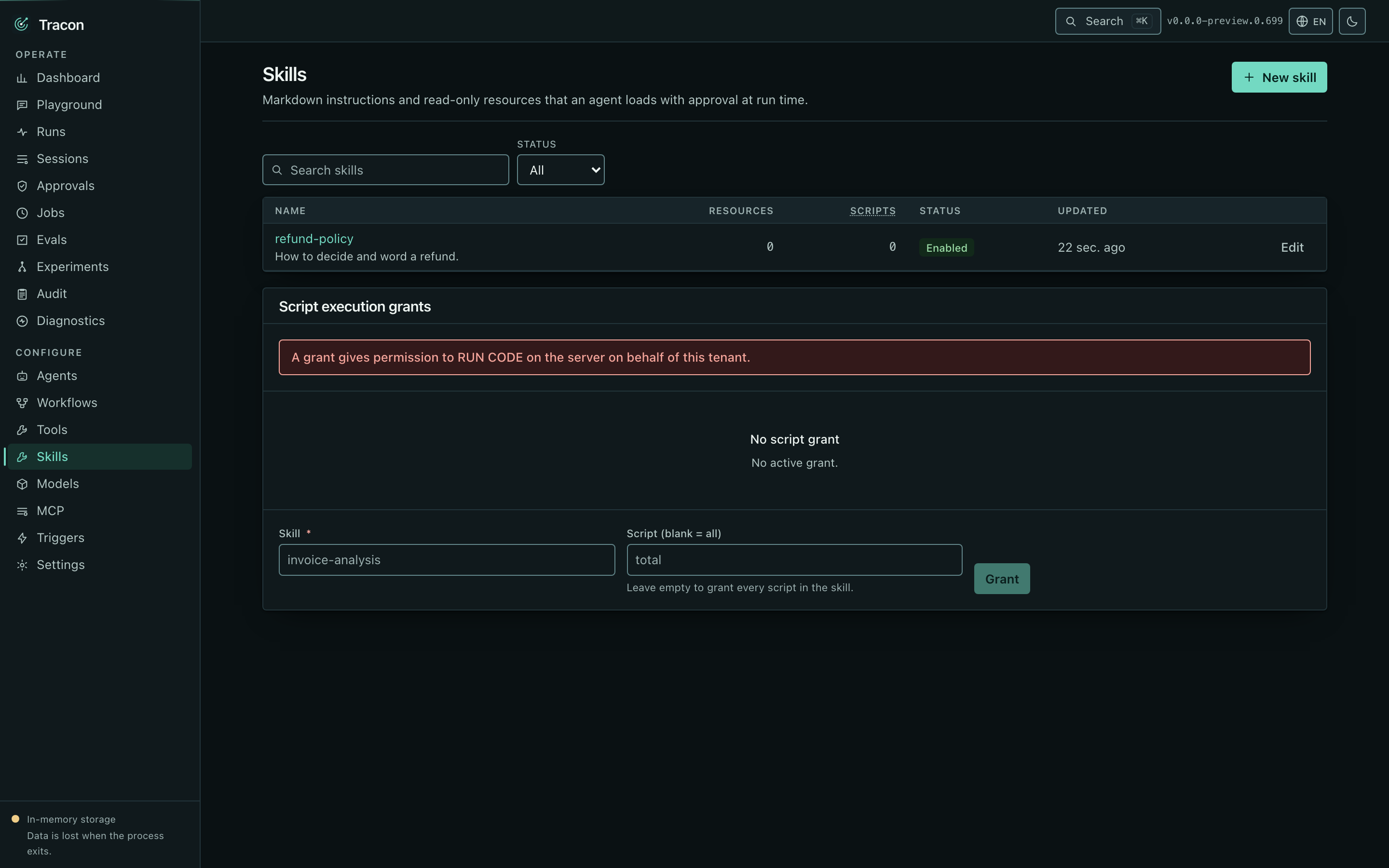 The skill list with frontmatter, resources, and allowed tools