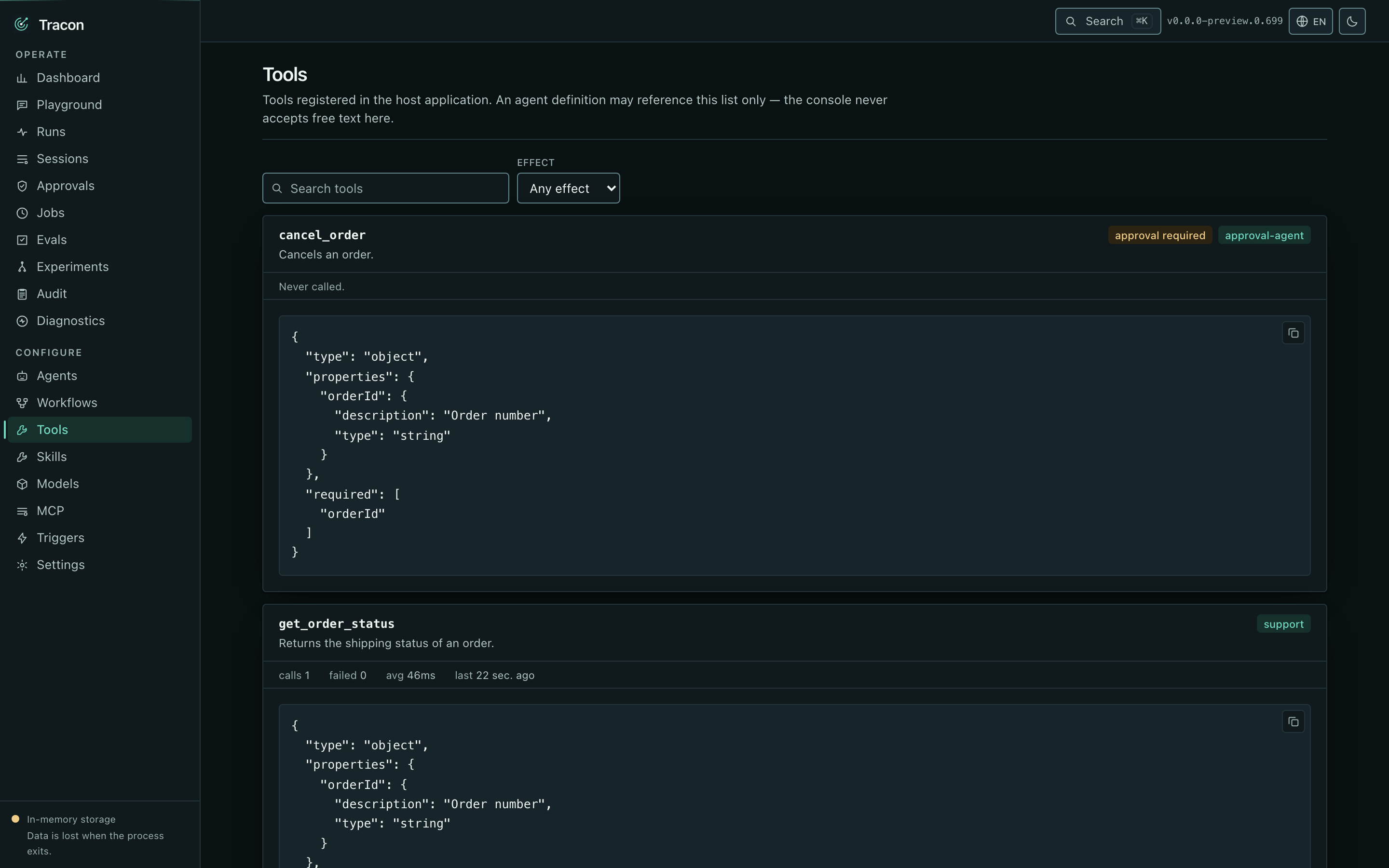 The tool list with each tool's JSON schema